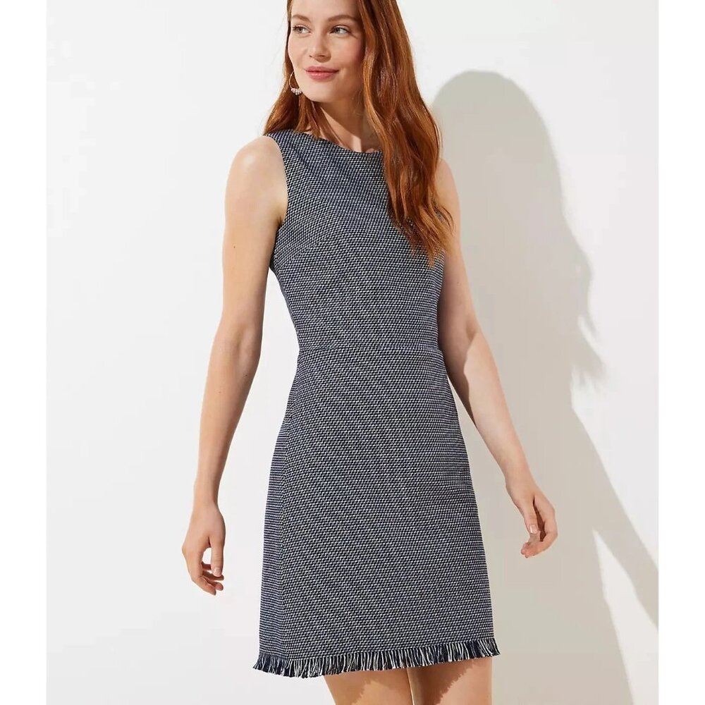 NWT Ann Taylor LOFT Womens Size 2 Blue White Fringe Tweed Shift Mini Dress NEW
